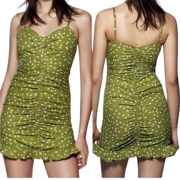 Zara Linen Blend Polka Dot Mini Dress Green White Size Medium - Picture 1 of 10